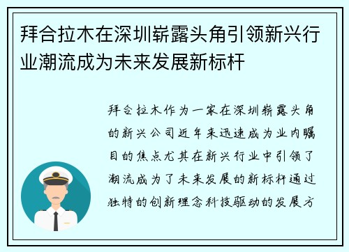拜合拉木在深圳崭露头角引领新兴行业潮流成为未来发展新标杆